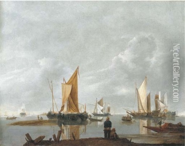 A Coastal Landscape With Shipping And Two Fishermen In The Foreground Oil Painting - Hendrik Jacobsz Dubbels