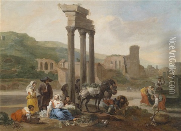 Marktfrauen Vor Romischen Ruinen Oil Painting - Hendrick Mommers