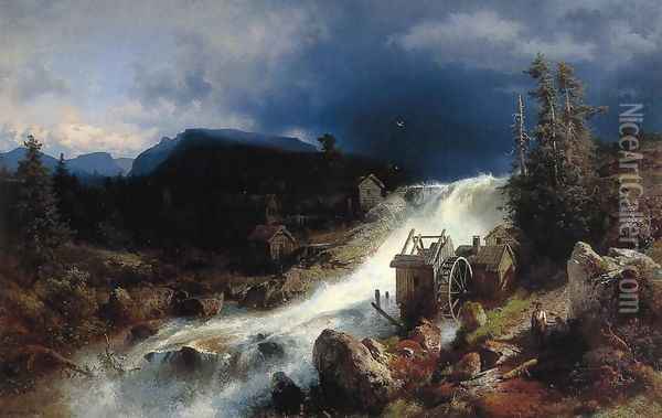 Mountain Landscape with Watermill Oil Painting - Herman Herzog