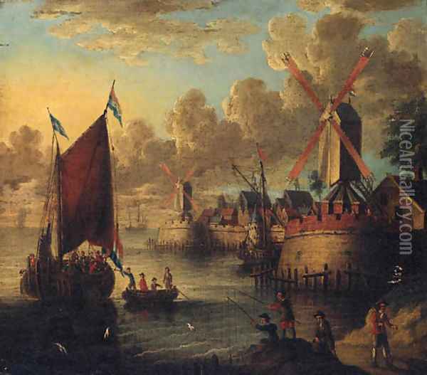Figures boarding a smalschip in a port with fishermen on the shore Oil Painting - Jacobus Storck