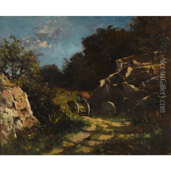 Wegpartie Mit Pferdegespann Oil Painting - Pierre (Desire Eugene) Franc Lamy