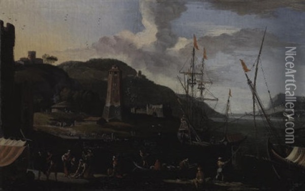 Paesaggio Costiero Con Figure Oil Painting - Adriaen Van Der Cabel
