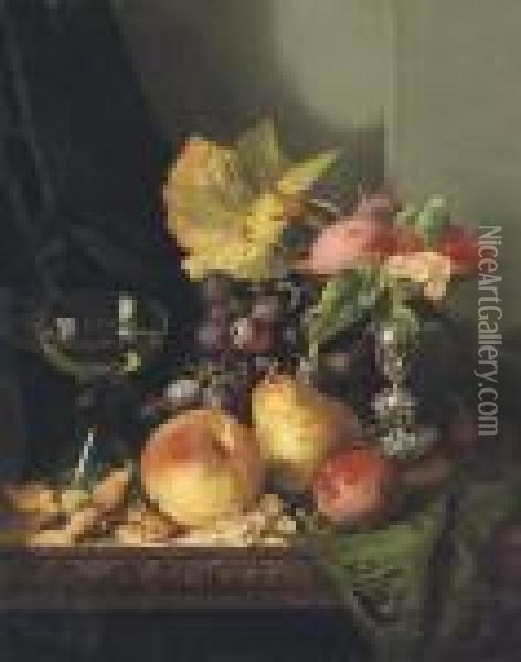 Plums, Raspberries And White Currants In A Tazza Oil Painting - Edward Ladell