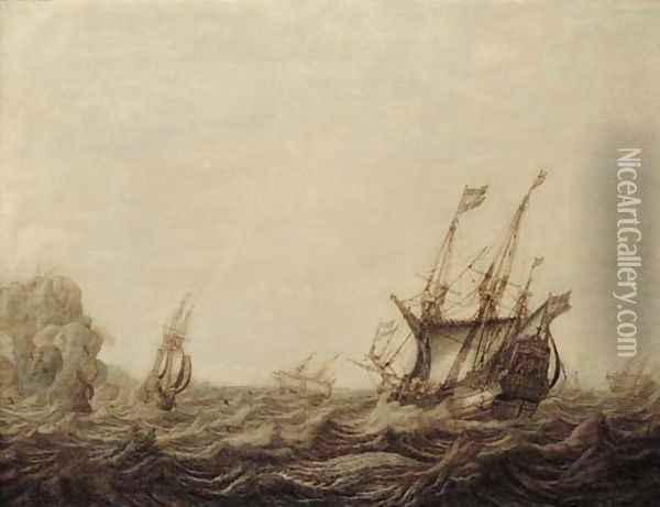 A penschilderij Threemasters off a rocky coast in a stiff breeze Oil Painting - Heerman Witmont
