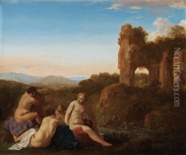 Three Nymphs In A Landscape Oil Painting - Cornelis Van Poelenburgh