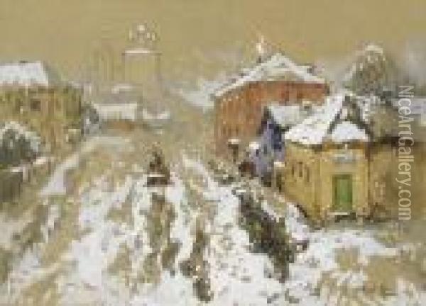View Of Snowy Street Oil Painting - Konstantin Ivanovich Gorbatov