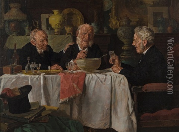 Three Men At A Dining Table Oil Painting - Louis Charles Moeller