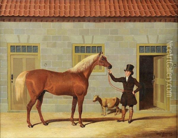 Burgundy By Usquebaugh Out Of Calendaloe With Groom And Goat In Stableyard Oil Painting - Benjamin Herring, Jnr.