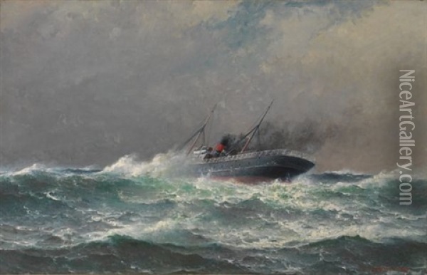 Dampskipet Fritdjof I Hardt Vaer Oil Painting - Lauritz Haaland