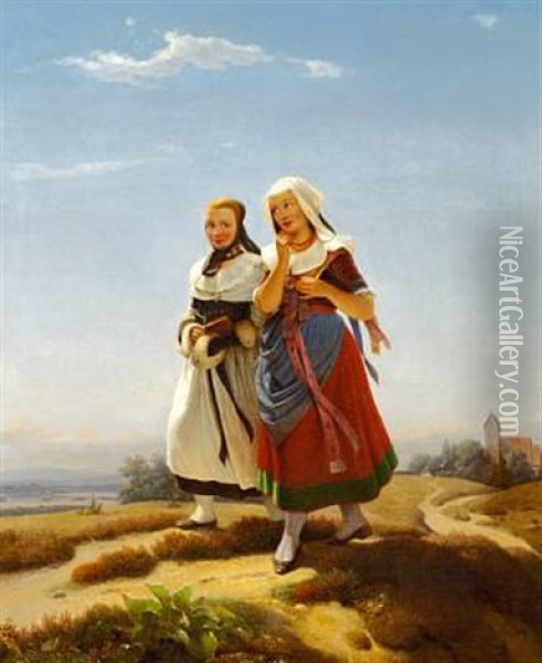 Die Kirchengangerinnen- Two Young Girls On Their Way Back From Church Oil Painting - Carl Schroeder