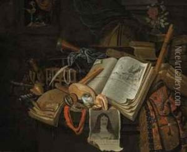 A Vanitas With A Print Of A Portrait Of King Charles Ii Of England, Shells, Musical Instruments, A Globe And Other Objects, On A Stone Ledge Oil Painting - B. Van Eijsen