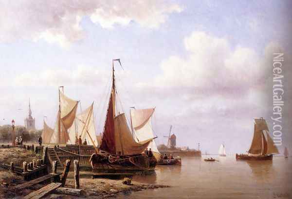 A River Estuary With Moored Fishing Pinks And Townsfolk On The Quay Oil Painting - Everhardus Koster