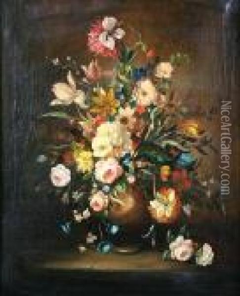 Summer Flowers In A Vase On A Ledge Oil Painting - Jean-Baptiste Monnoyer