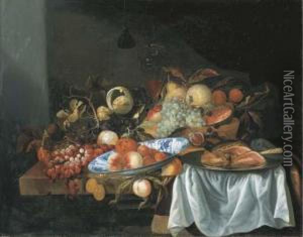Fruits, Porcelaine, Verre Et Jambon Sur Un Rebord Oil Painting - Jacob Rootius