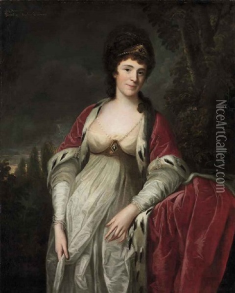 Portrait Of Henrietta Sebright, Lady Harewood In Peeress's Robes, In A Wooded Landscape Oil Painting - Angelika Kauffmann