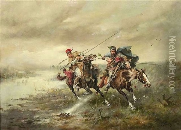 Zwei Reiter Preschen Durch Die Steppe Oil Painting - Adolf (Constantin) Baumgartner-Stoiloff