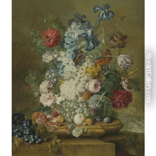 Still Life Of Peonies, Primroses, Irises, Tulips, A Poppy And Other Flowers With Grapes, A Melon, A Pomegranate, Peaches, Plums And Nuts, All On A Carved Stone Ledge With A Waterfall Landscape Beyond Oil Painting - Jacobus Linthorst