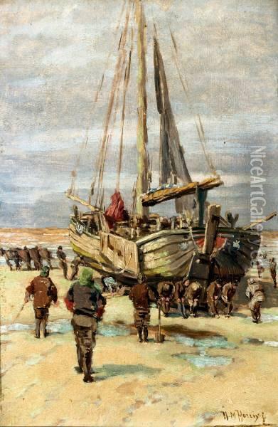 Vissers Bij Bomschuit Op Het Strand Oil Painting - Hendrik Horrix