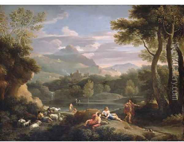 An Italianate mountainous landscape with herdsmen resting by a path and a man and a woman by a river Oil Painting - Jan Frans Van Bloemen (Orizzonte)