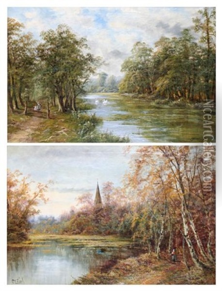 River Avon, Spring (+ Salisbury Cathedral, River Avon, Autumn; Pair) Oil Painting - Octavius Thomas Clark