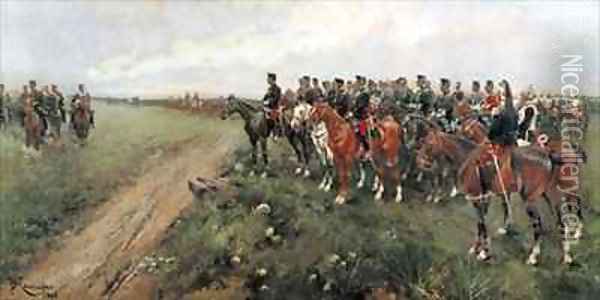 Parade in the field before His Majesty King Alfonso XIII Oil Painting - Josep Cusachs y Cusachs