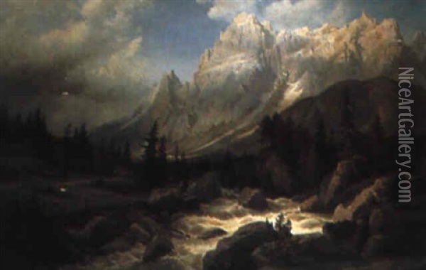 Der Monte Malcore Im Ampezzo Von St. Vito Aus Gesehen Oil Painting - Carl Maria Nicolaus Hummel
