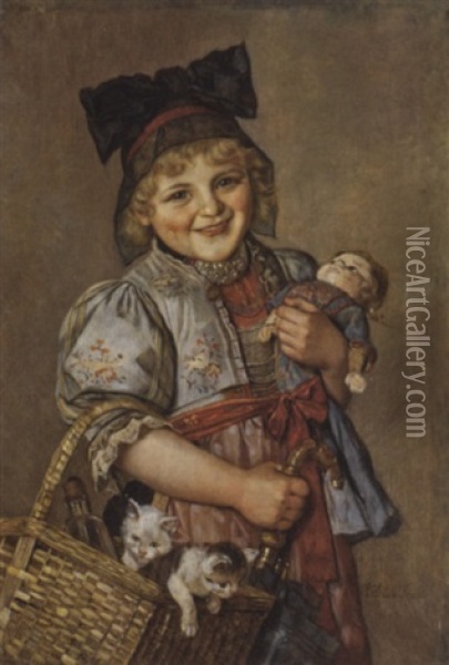Madchen In Tracht Mit Puppe Und Katzchen Im Korb Oil Painting - Rudolf Hirth Du Frenes