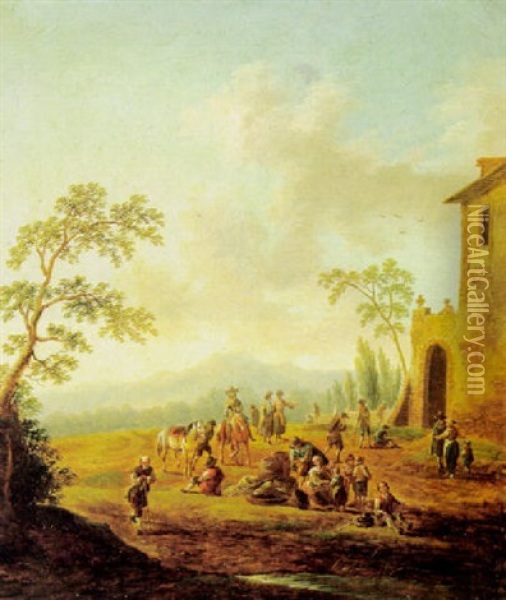 Bewaldete Landschaft Mit Vielen Figuren Vor Einem Gebaude Oil Painting - Johann Christian Brand