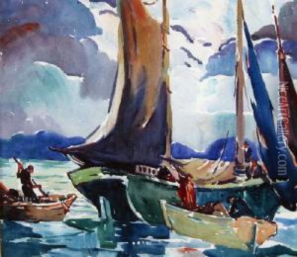 Sailboats Andfishermen Oil Painting - George Pearse Ennis
