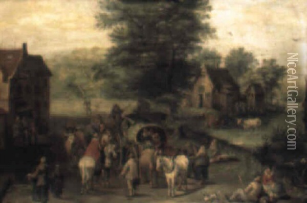 Villagers In A Wagon Conversing With Travellers On Horseback Oil Painting - Karel Beschey
