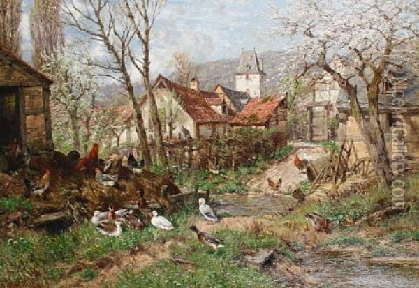 Country Village With Ducks And Chickens Oil Painting - Heinrich Hartung the Elder