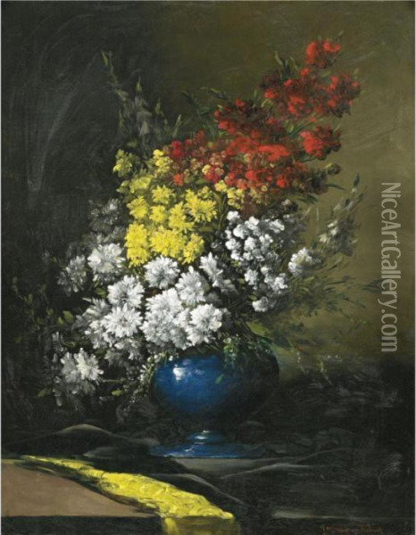 Flowers In A Blue Vase Oil Painting - Germain Theodure Clement Ribot