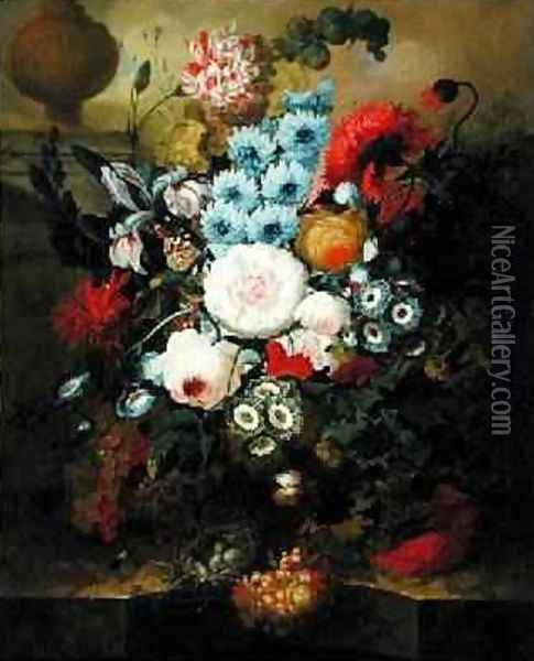 Carnations, Morning Glory, Roses, Auriculas, Hyacinth and Other Flowers with a Birds Nest on a Marble Ledge Oil Painting - Jan van Os