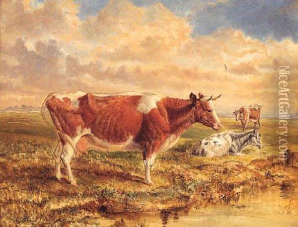 Cattle Resting In An Extensive River Landscape Oil Painting - Basil Nightingale