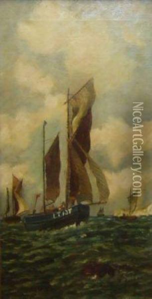 The Lowestoft Fishing Boat Lt-13t And Other Shipping Off The Coast Oil Painting - Charles Ernest Butler