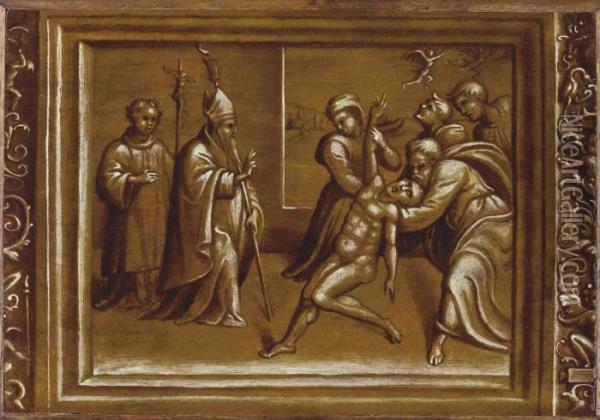Un Vescovo Esorcizza Un Indemoniato Oil Painting - Girolamo Da Treviso