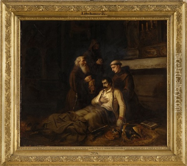 Monche Und Ein Verwundeter Offizier Oil Painting - Karl Josef Litschauer