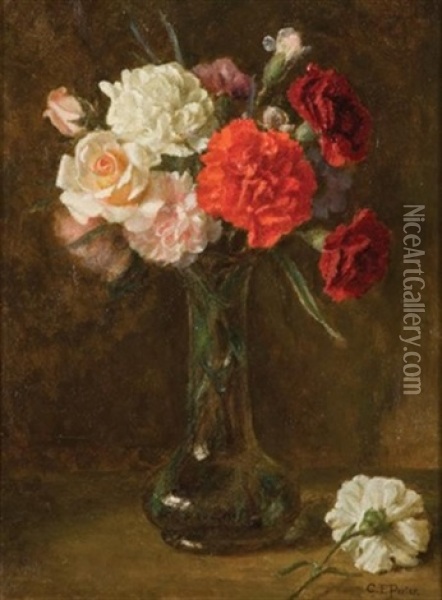 Carnations And Roses In A Glass Vase Oil Painting - Charles Porter