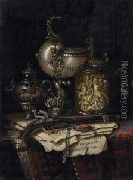 Still Life With A Nautilus Vase, A Sculptured Tankard As Well As A Revolver. Oil Painting - Ernst Czernotzky