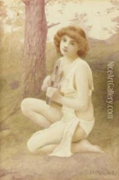 A Nymph Playing A Lyre In A Forest Oil Painting - Henry Ryland