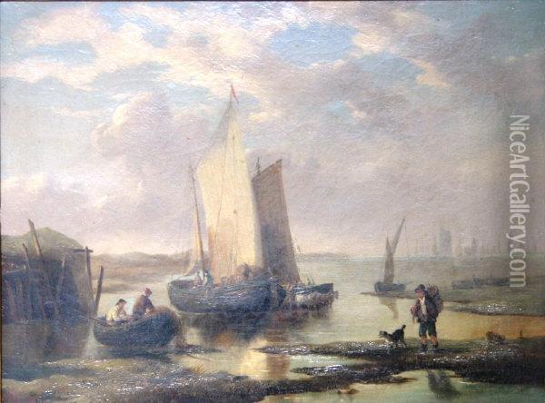 Estuary Landscape With Fishing Boats In Foreground Oil Painting - Richard Parkes Bonington