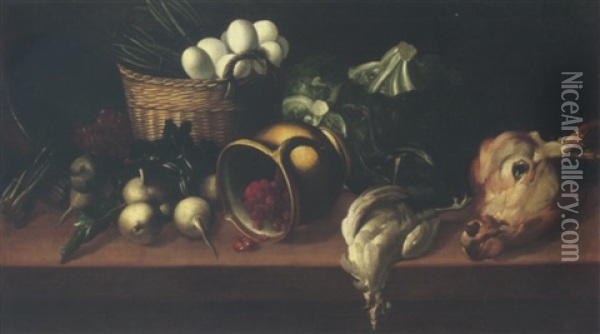 Still Life Of Eggs And Asparagus In A Wicker Basket, Together With Raspberries In An Upturned Jug, Turnips, Cabbages And Others, Upon A Table Top Oil Painting - Astolfo Petrazzi