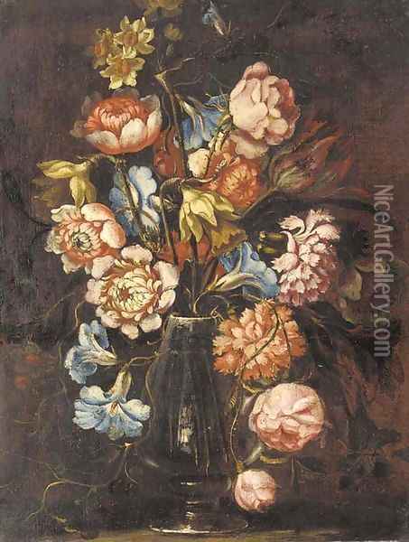 Carnations, tulips, daffodils, roses and other flowers in a glass vase on a ledge Oil Painting - Juan De Arellano