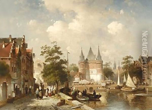 A Busy Canal Scene In A Dutch Town Oil Painting - Charles Henri Leickert