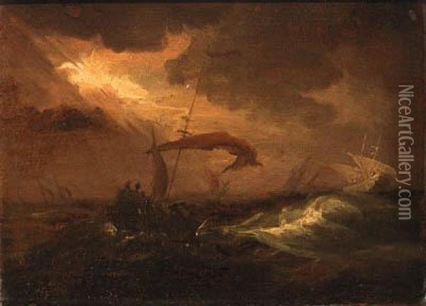 Shipping In A Storm Oil Painting - Willem van de, the Elder Velde