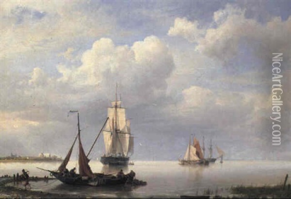 An Estuary With Fisherfolk Beaching A Vessel Oil Painting - Hermanus Koekkoek the Elder