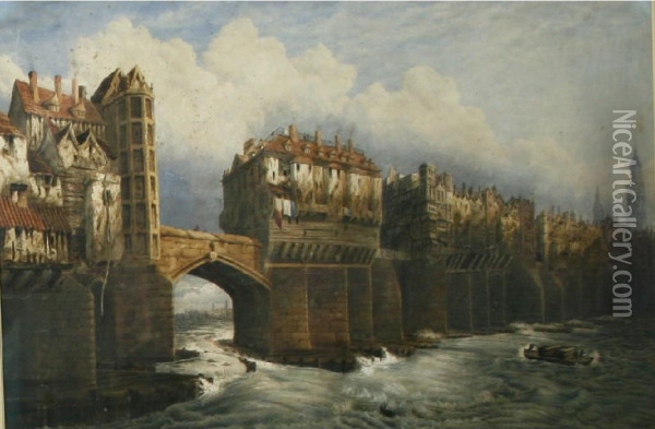 A View Of The Old London Bridge Oil Painting - Joseph Josiah Dodd
