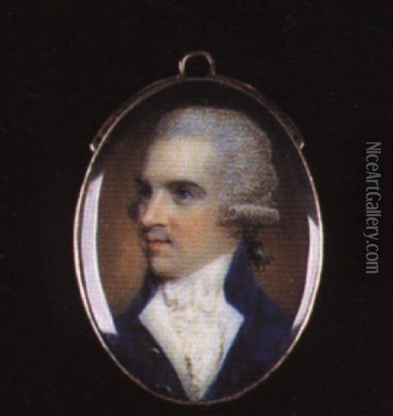 Portrait Of A Gentleman With Powdered Hair En Queue Wearing Blue Coat With Gold Buttons Oil Painting - Samuel Shelley