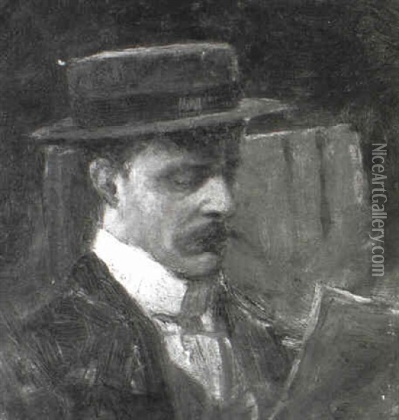 Portrait Of A Man In A Boater Oil Painting - A. Moulton Foweraker