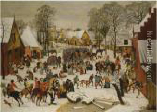 A Flemish Village In Winter With The Massacre Of The Innocents Oil Painting - Pieter The Younger Brueghel